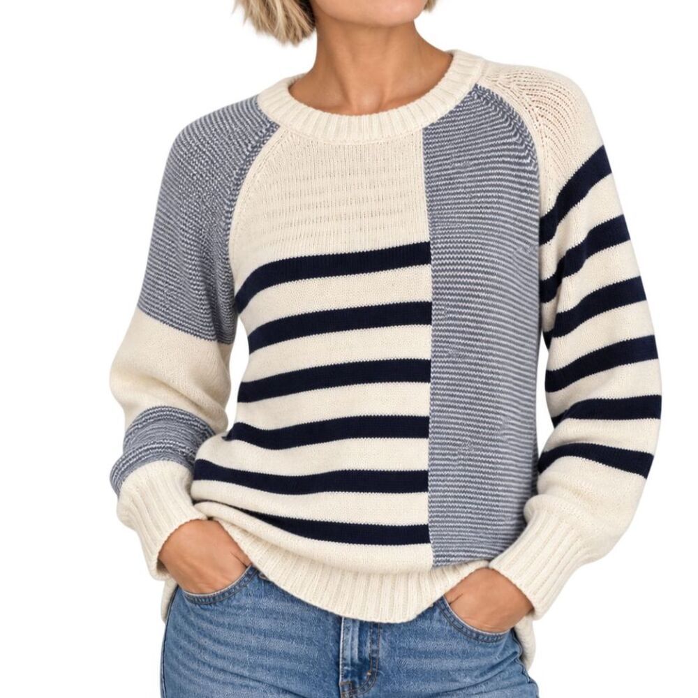 Hem & Thread Patchwork Striped Sweater M Cream Navy Blue Colorblock Coastal